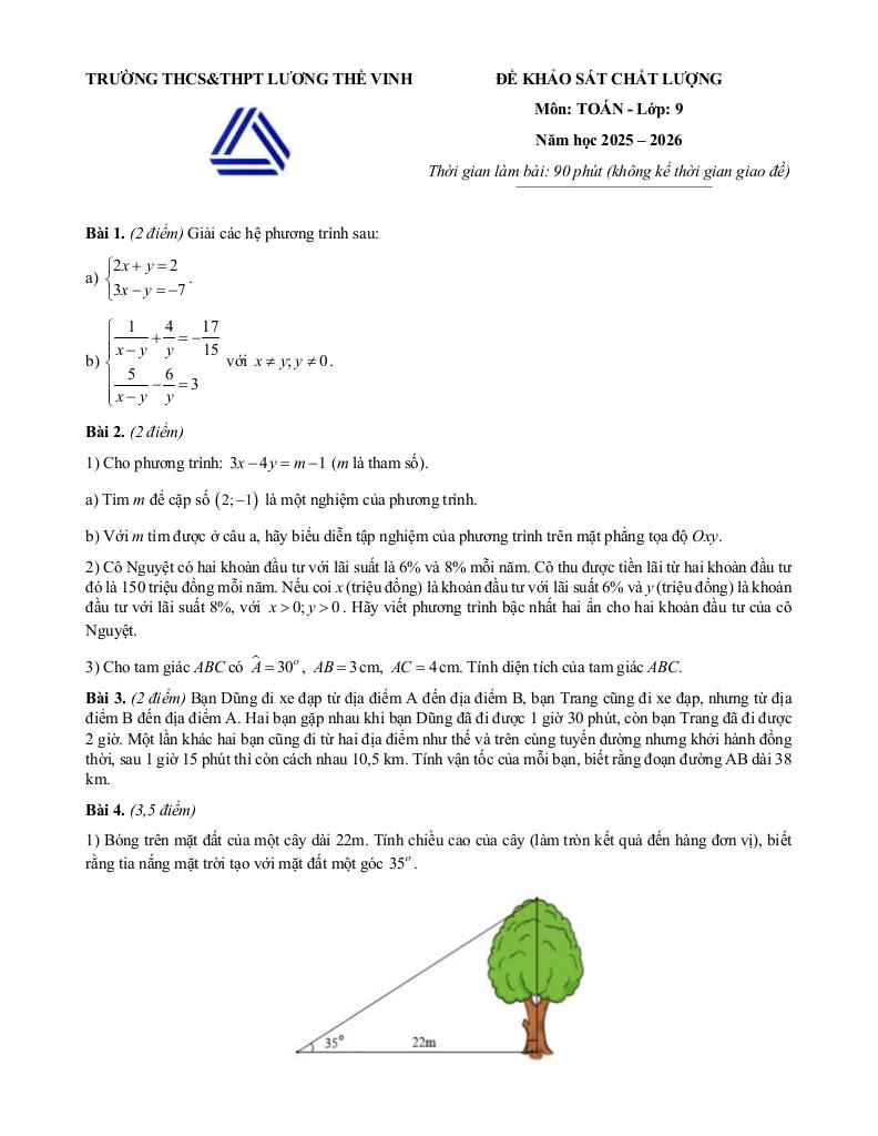 đề khảo sát toán 9 năm 2025 – 2026 trường lương thế vinh – hà nội 0