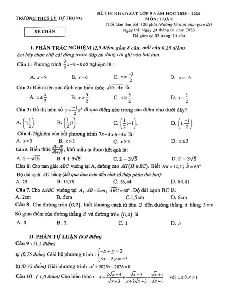 đề khảo sát toán 9 năm 2025 – 2026 trường thcs lý tự trọng – thanh hóa - hình 1