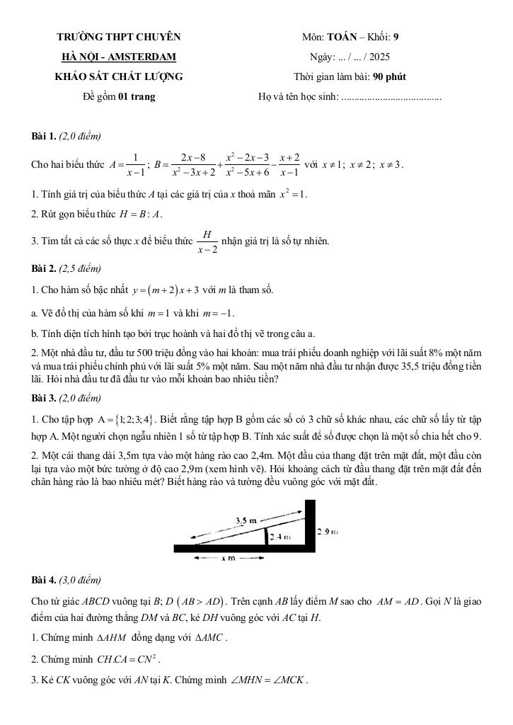 đề khảo sát toán 9 năm 2025 – 2026 trường thpt chuyên hà nội – amsterdam 0