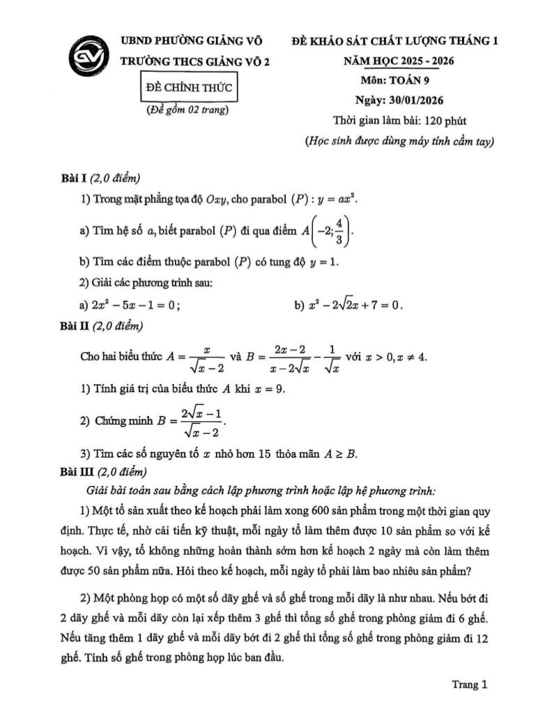 đề khảo sát toán 9 tháng 1 năm 2026 trường thcs giảng võ 2 – hà nội - hình 1