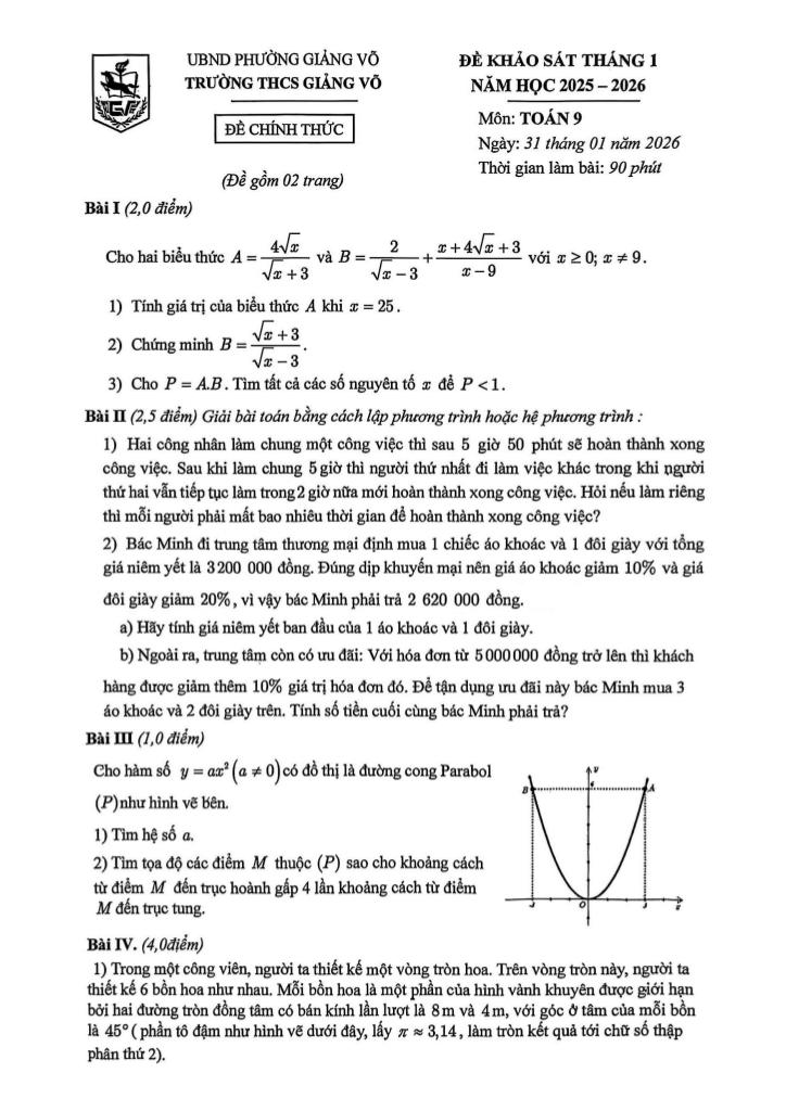 đề khảo sát toán 9 tháng 1 năm 2026 trường thcs giảng võ – hà nội - hình 1