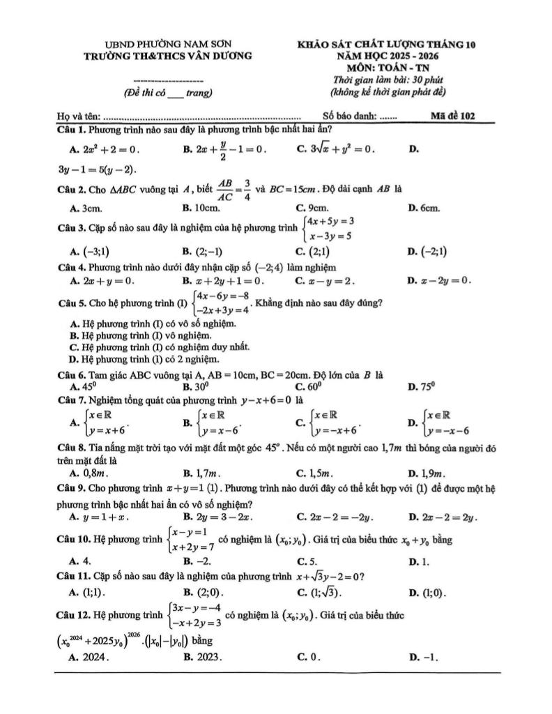 đề khảo sát toán 9 tháng 10 năm 2025 trường th&thcs vân dương – bắc ninh 0