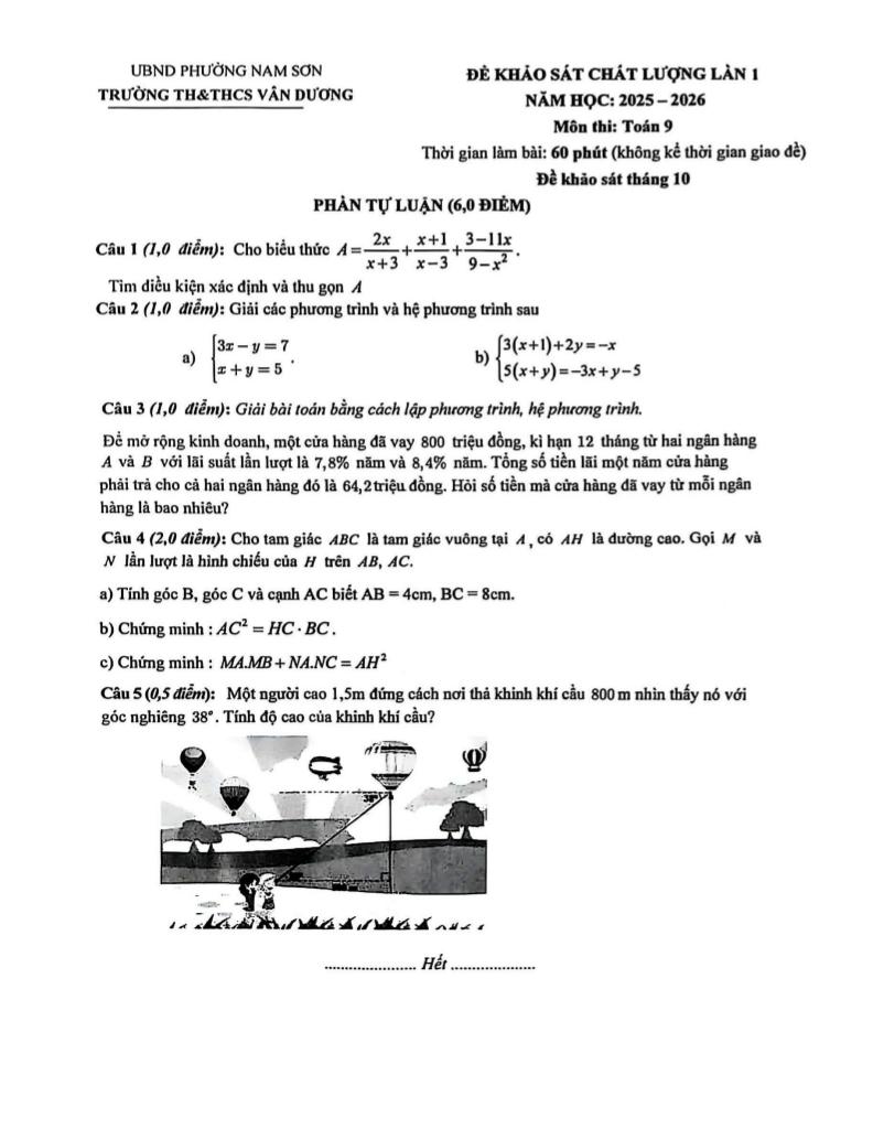 đề khảo sát toán 9 tháng 10 năm 2025 trường th&thcs vân dương – bắc ninh 2