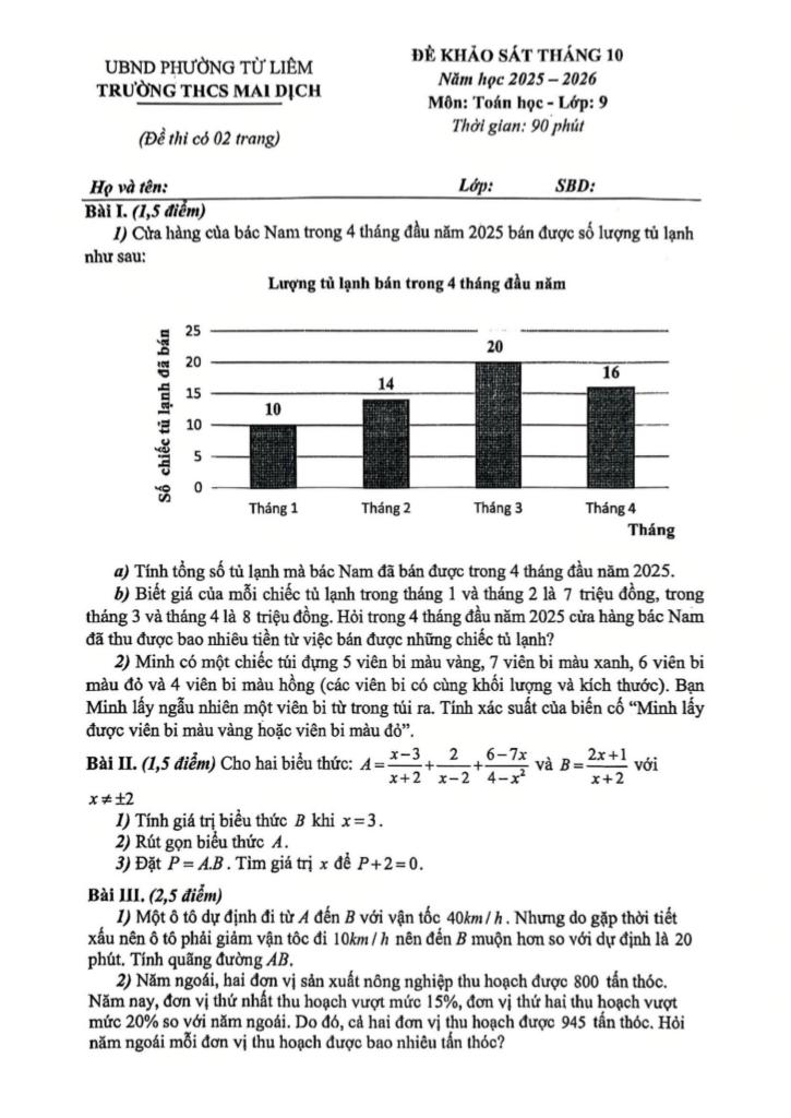 đề khảo sát toán 9 tháng 10 năm 2025 trường thcs mai dịch – hà nội 0