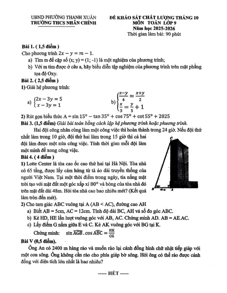 đề khảo sát toán 9 tháng 10 năm 2025 trường thcs nhân chính – hà nội