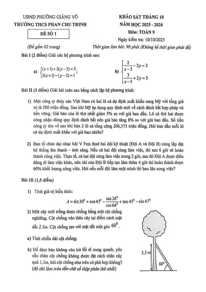 đề khảo sát toán 9 tháng 10 năm 2025 trường thcs phan chu trinh – hà nội 0