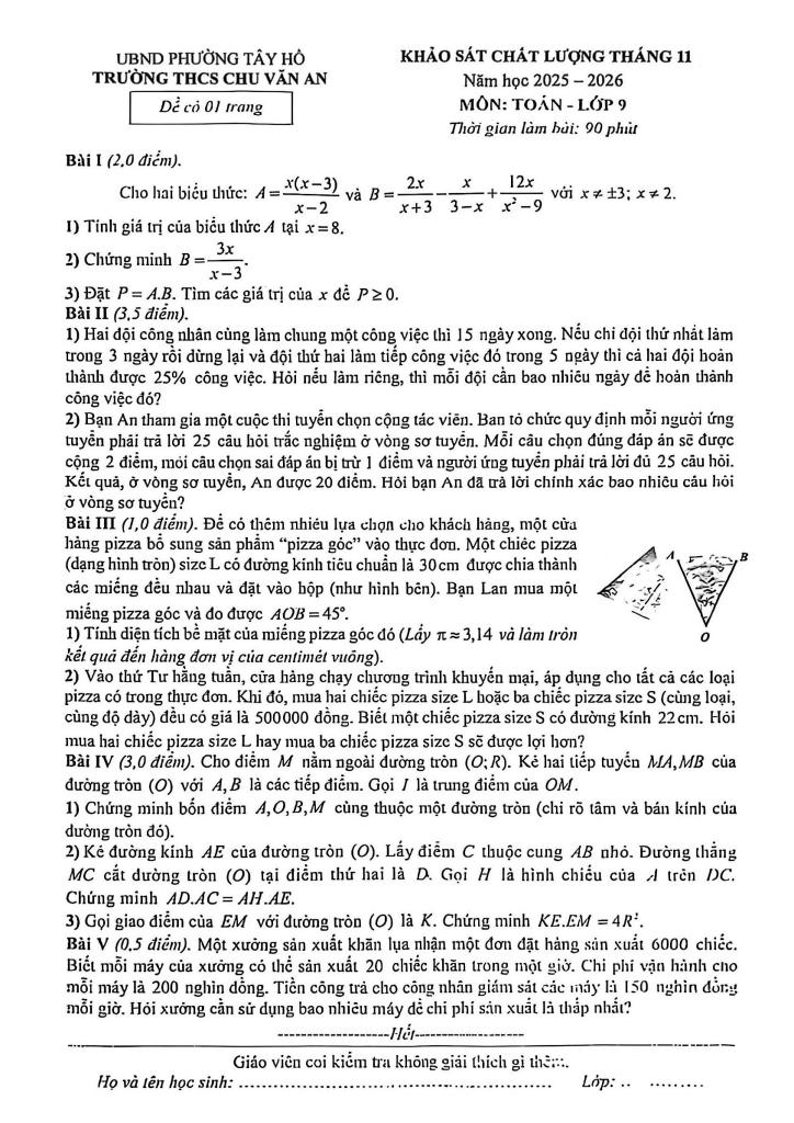 đề khảo sát toán 9 tháng 11 năm 2025 trường thcs chu văn an – hà nội