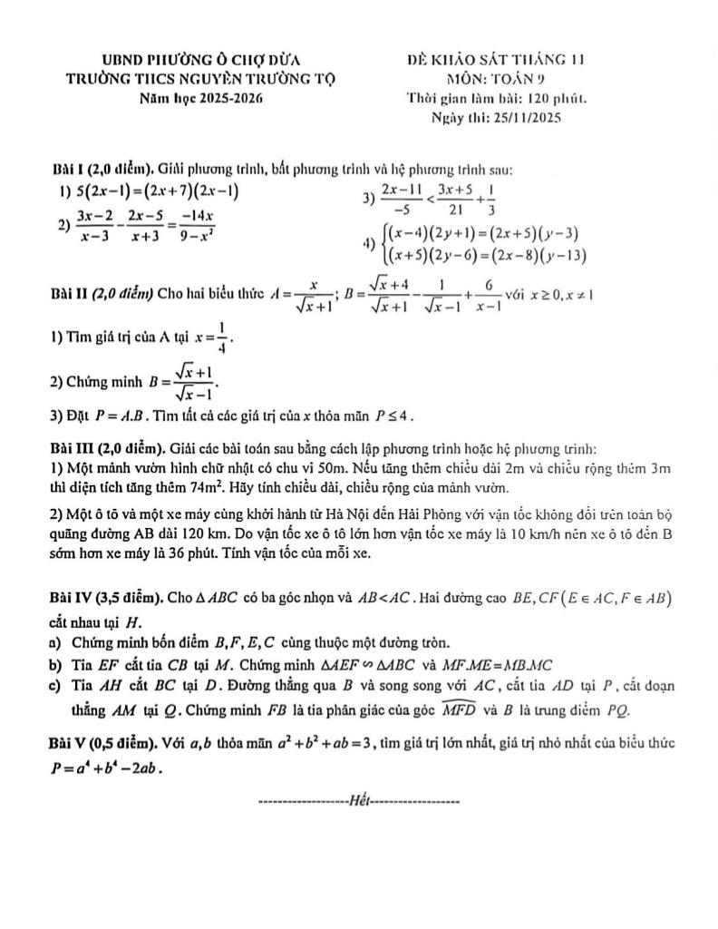 đề khảo sát toán 9 tháng 11 năm 2025 trường thcs nguyễn trường tộ – hà nội