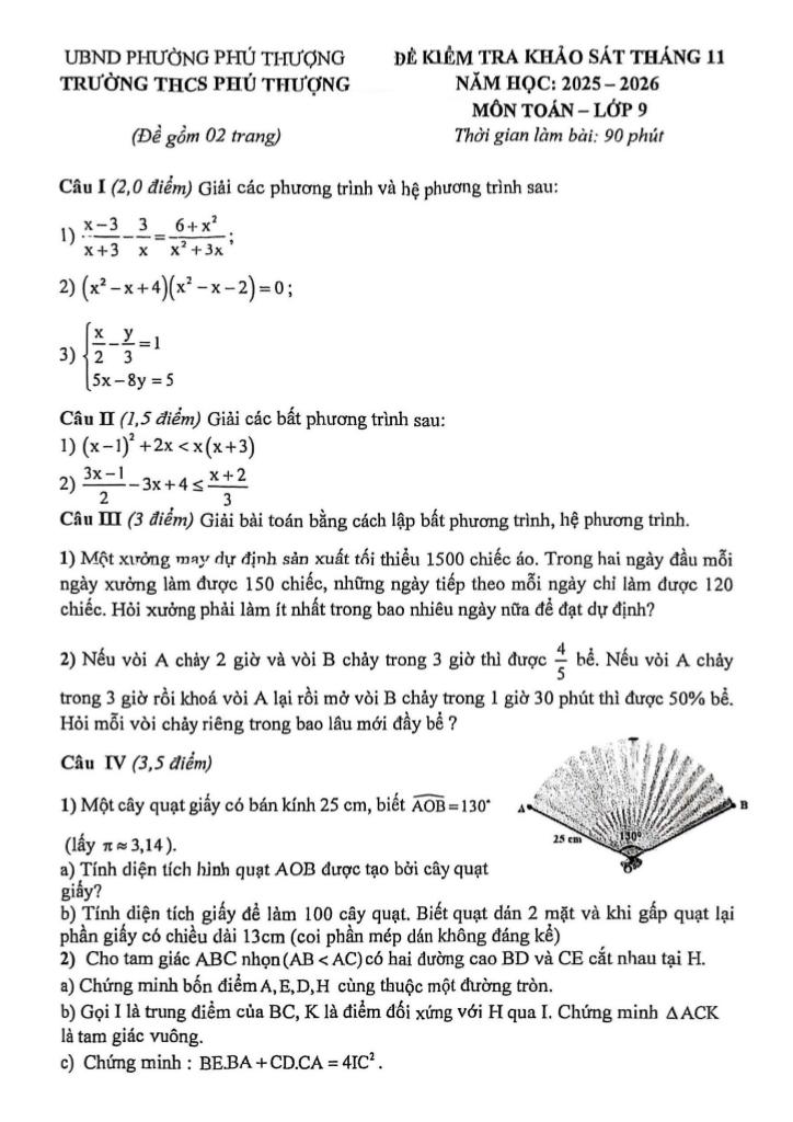đề khảo sát toán 9 tháng 11 năm 2025 trường thcs phú thượng – hà nội 0