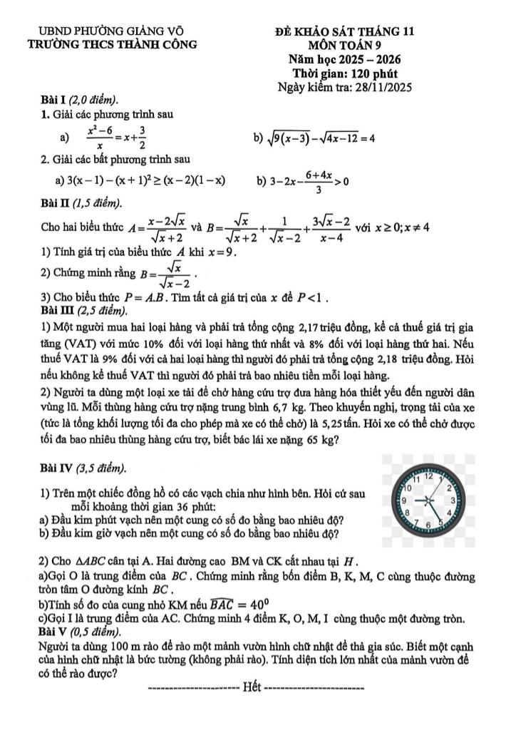 đề khảo sát toán 9 tháng 11 năm 2025 trường thcs thành công – hà nội