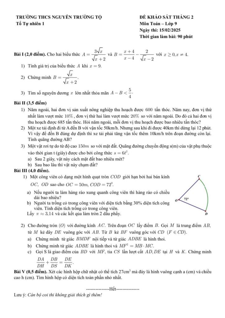 đề khảo sát toán 9 tháng 2 năm 2025 trường thcs nguyễn trường tộ – hà nội