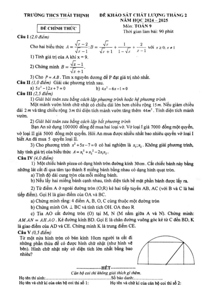 đề khảo sát toán 9 tháng 2 năm 2025 trường thcs thái thịnh – hà nội
