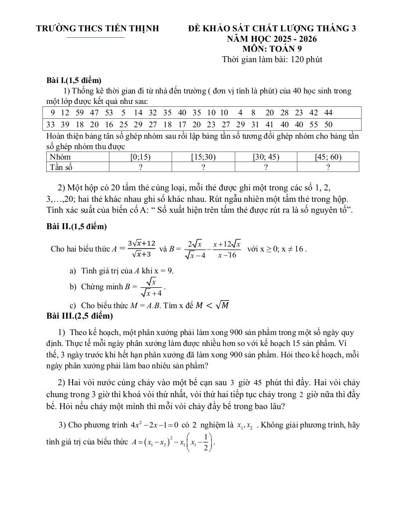 đề khảo sát toán 9 tháng 3 năm 2026 trường thcs tiến thịnh – hà nội - hình 1
