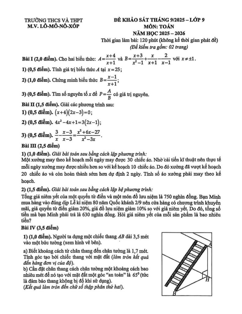 đề khảo sát toán 9 tháng 9 năm 2025 trường m.v. lômônôxốp – hà nội 0