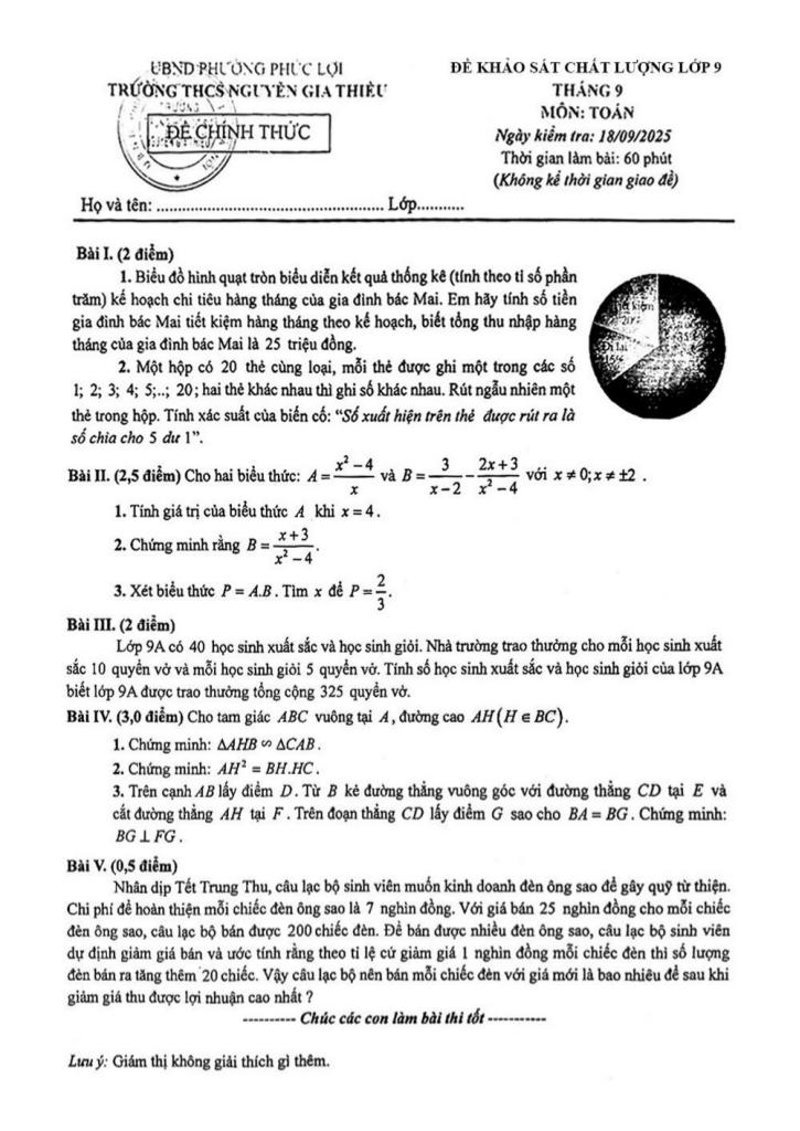 đề khảo sát toán 9 tháng 9 năm 2025 trường thcs nguyễn gia thiều – hà nội
