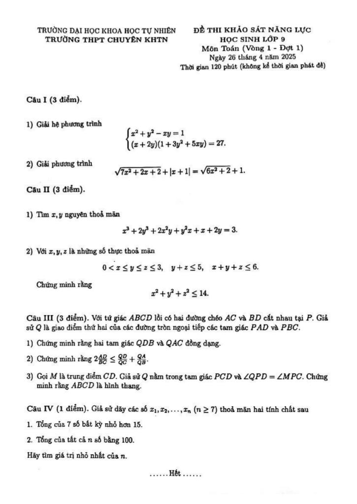 đề khảo sát toán 9 vòng 1 đợt 1 năm 2024 – 2025 trường chuyên khtn – hà nội