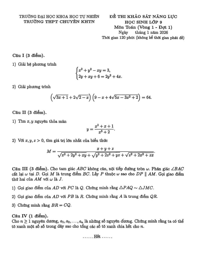 đề khảo sát toán 9 vòng 1 đợt 1 năm 2025 – 2026 trường chuyên khtn – hà nội - hình 1