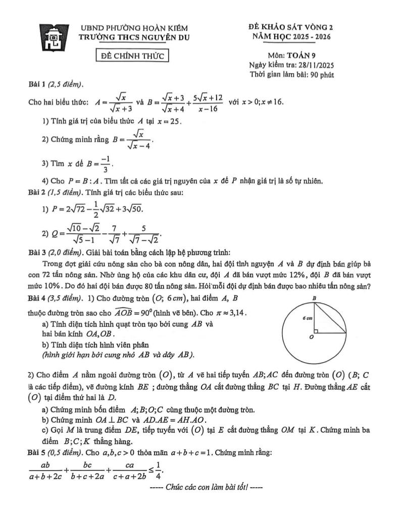đề khảo sát vòng 2 toán 9 năm 2025 – 2026 trường thcs nguyễn du – hà nội