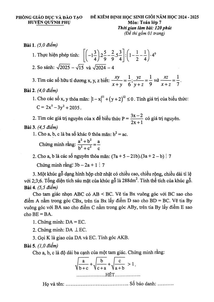 đề kiểm định hsg toán 7 năm 2024 – 2025 phòng gd&đt quỳnh phụ – thái bình