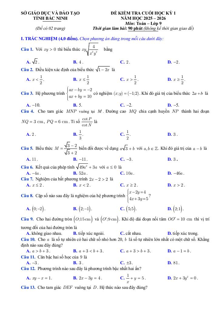 đề kiểm tra cuối học kỳ 1 toán 9 năm 2025 – 2026 sở gd&đt bắc ninh - hình 1