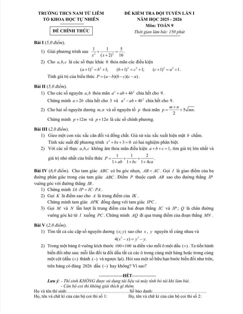 đề kiểm tra hsg toán 9 lần 1 năm 2025 – 2026 trường thcs nam từ liêm – hà nội 0