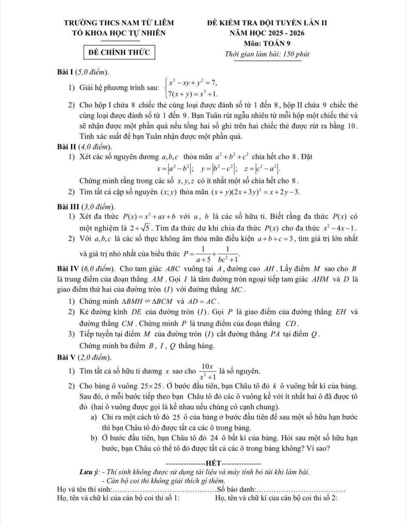 đề kiểm tra hsg toán 9 lần 2 năm 2025 – 2026 trường thcs nam từ liêm – hà nội