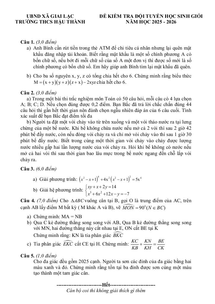 đề kiểm tra hsg toán năm 2025 – 2026 trường thcs hậu thành – nghệ an 0