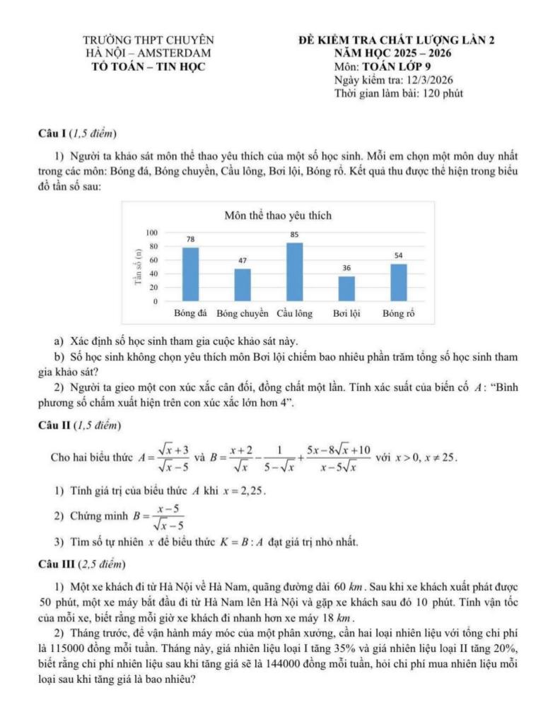 đề kiểm tra lần 2 toán 9 năm 2025 – 2026 trường chuyên hà nội – amsterdam - hình 1