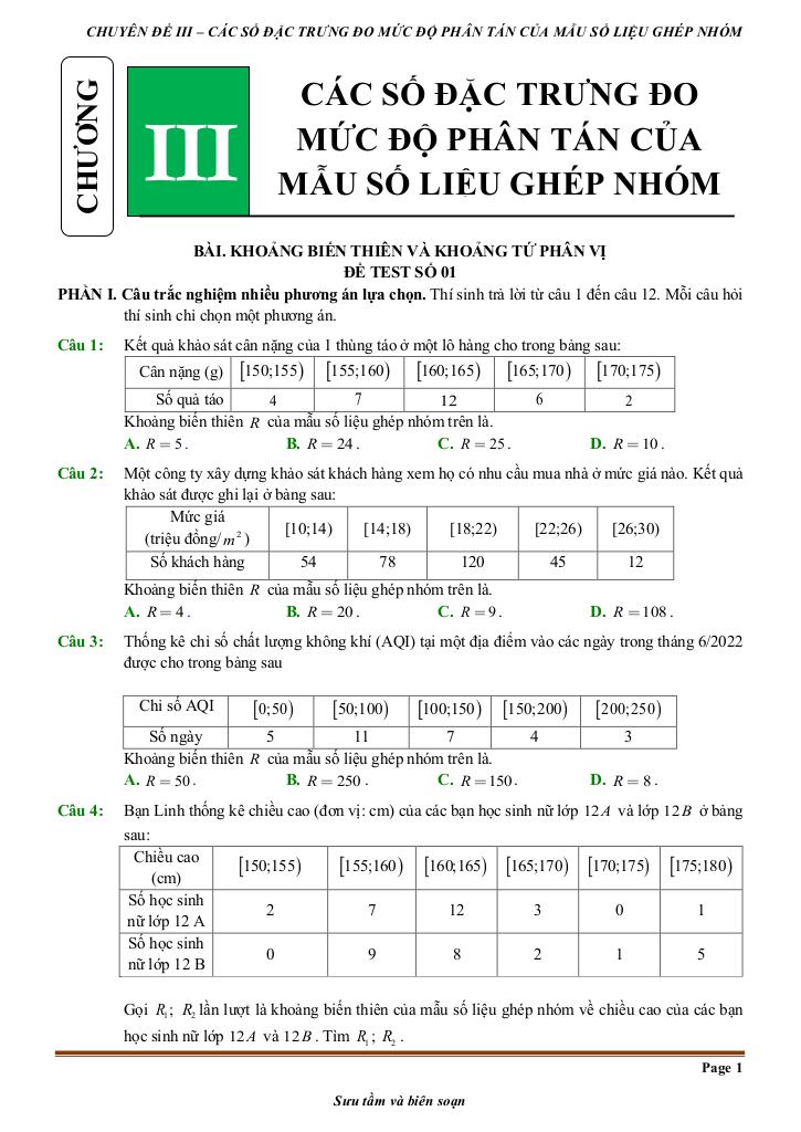 đề kiểm tra theo bài học các số đặc trưng đo mức độ phân tán mẫu số liệu ghép nhóm 0