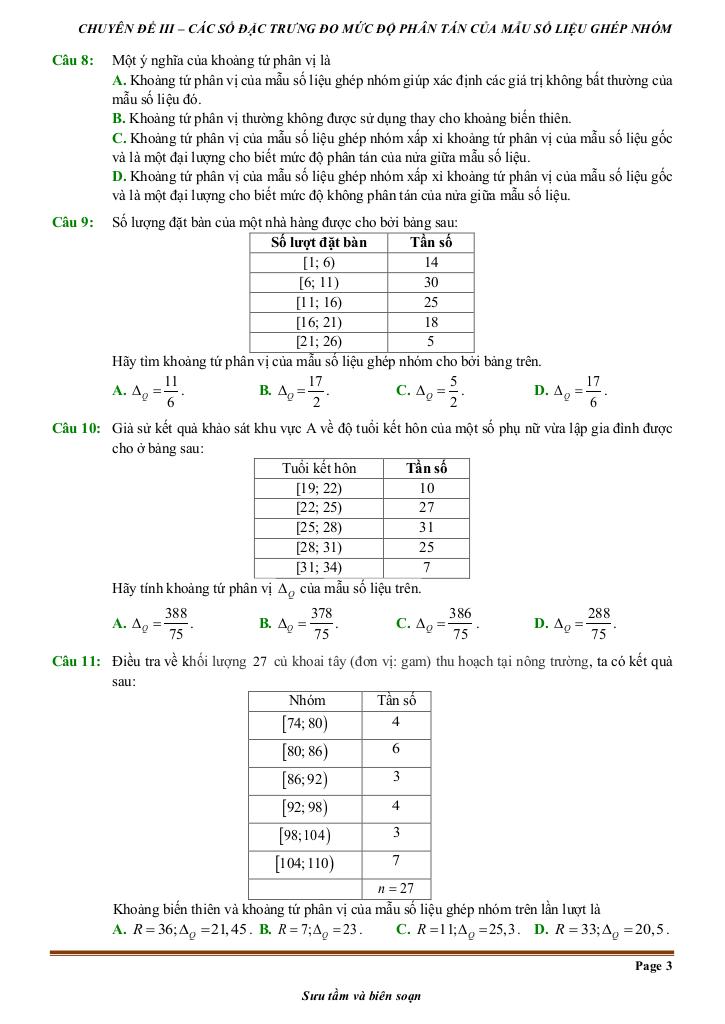 đề kiểm tra theo bài học các số đặc trưng đo mức độ phân tán mẫu số liệu ghép nhóm 2