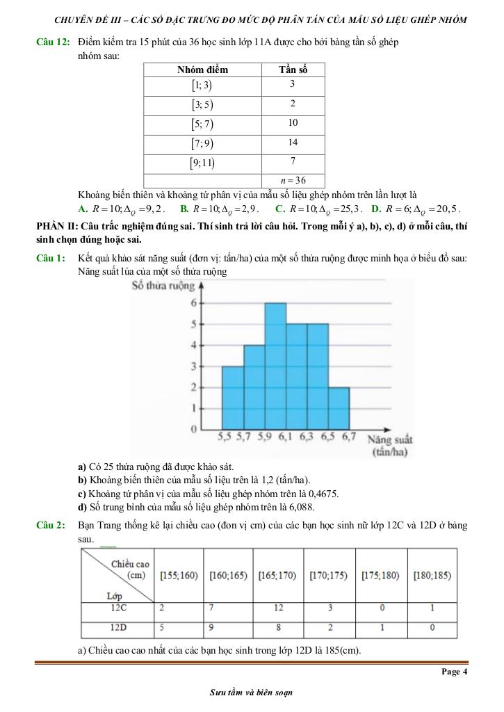 đề kiểm tra theo bài học các số đặc trưng đo mức độ phân tán mẫu số liệu ghép nhóm 3