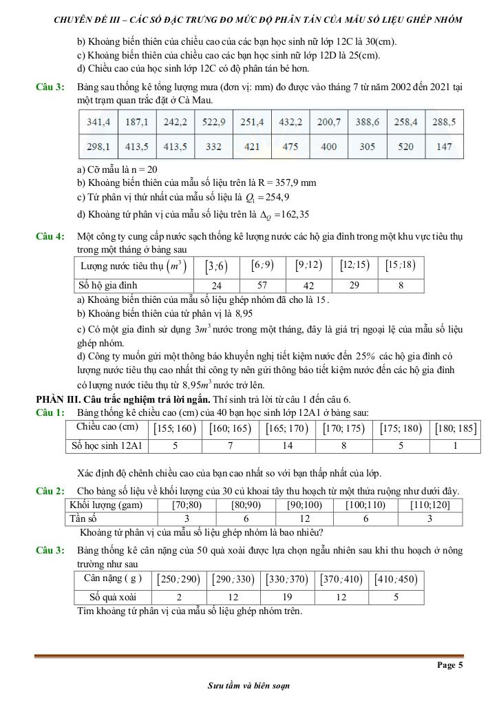 đề kiểm tra theo bài học các số đặc trưng đo mức độ phân tán mẫu số liệu ghép nhóm 4