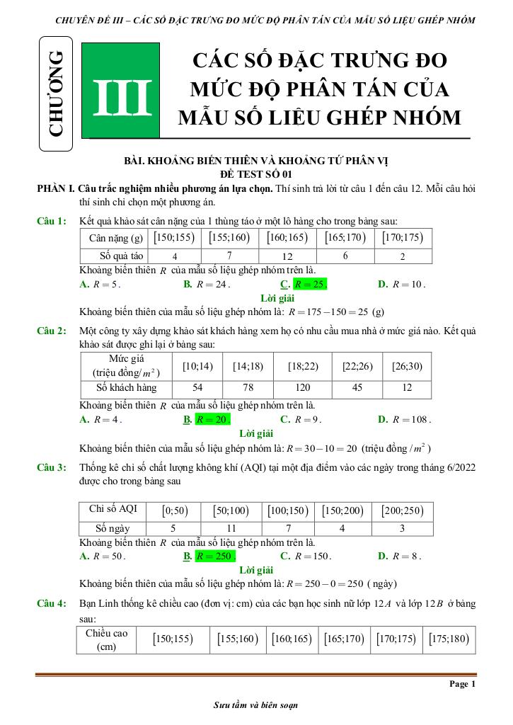 đề kiểm tra theo bài học các số đặc trưng đo mức độ phân tán mẫu số liệu ghép nhóm 6
