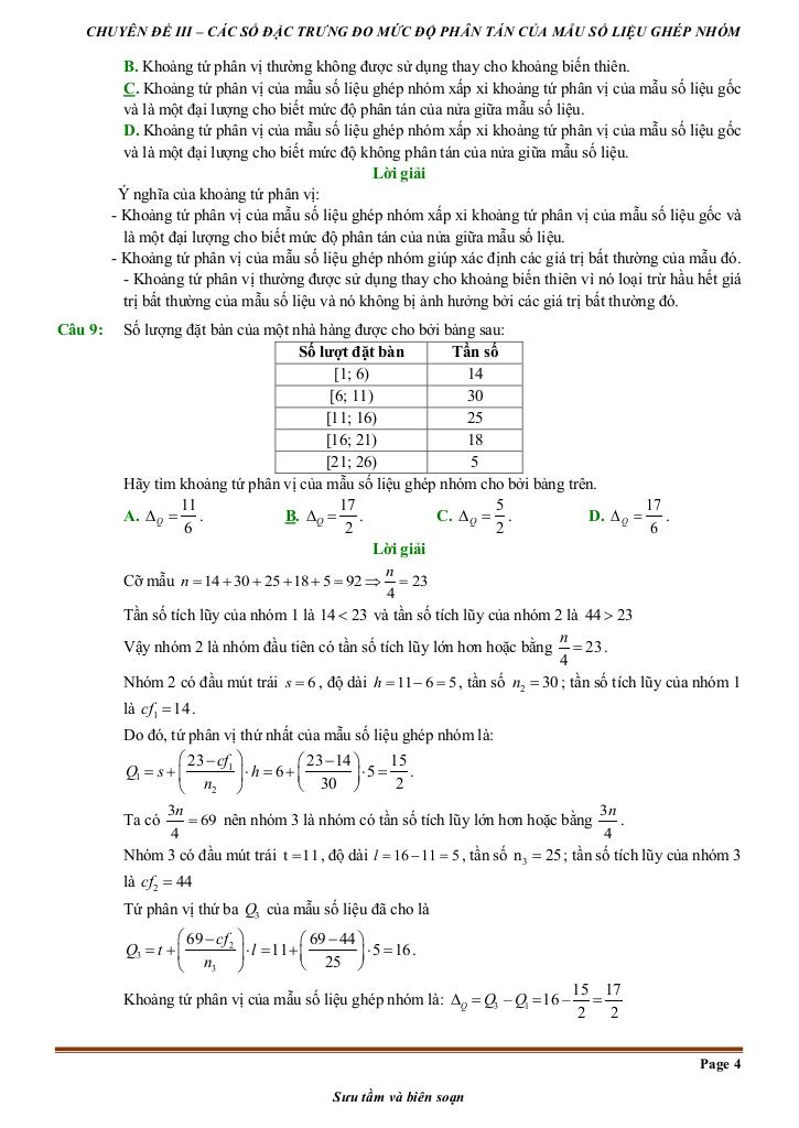 đề kiểm tra theo bài học các số đặc trưng đo mức độ phân tán mẫu số liệu ghép nhóm 9