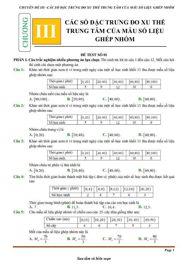 đề kiểm tra theo bài học các số đặc trưng đo xu thế trung tâm mẫu số liệu ghép nhóm 0