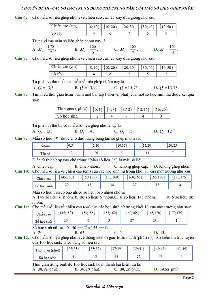 đề kiểm tra theo bài học các số đặc trưng đo xu thế trung tâm mẫu số liệu ghép nhóm 1