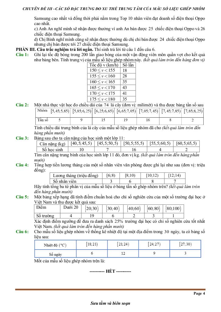 đề kiểm tra theo bài học các số đặc trưng đo xu thế trung tâm mẫu số liệu ghép nhóm 3
