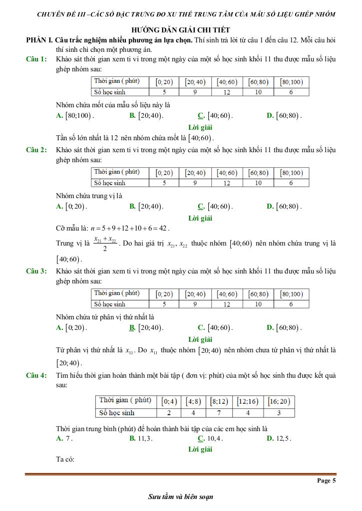 đề kiểm tra theo bài học các số đặc trưng đo xu thế trung tâm mẫu số liệu ghép nhóm 4