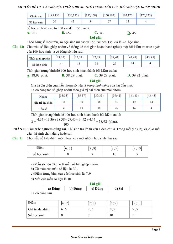 đề kiểm tra theo bài học các số đặc trưng đo xu thế trung tâm mẫu số liệu ghép nhóm 7