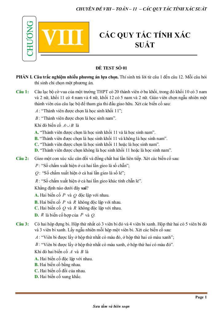đề kiểm tra theo bài học chủ đề các quy tắc tính xác suất 0
