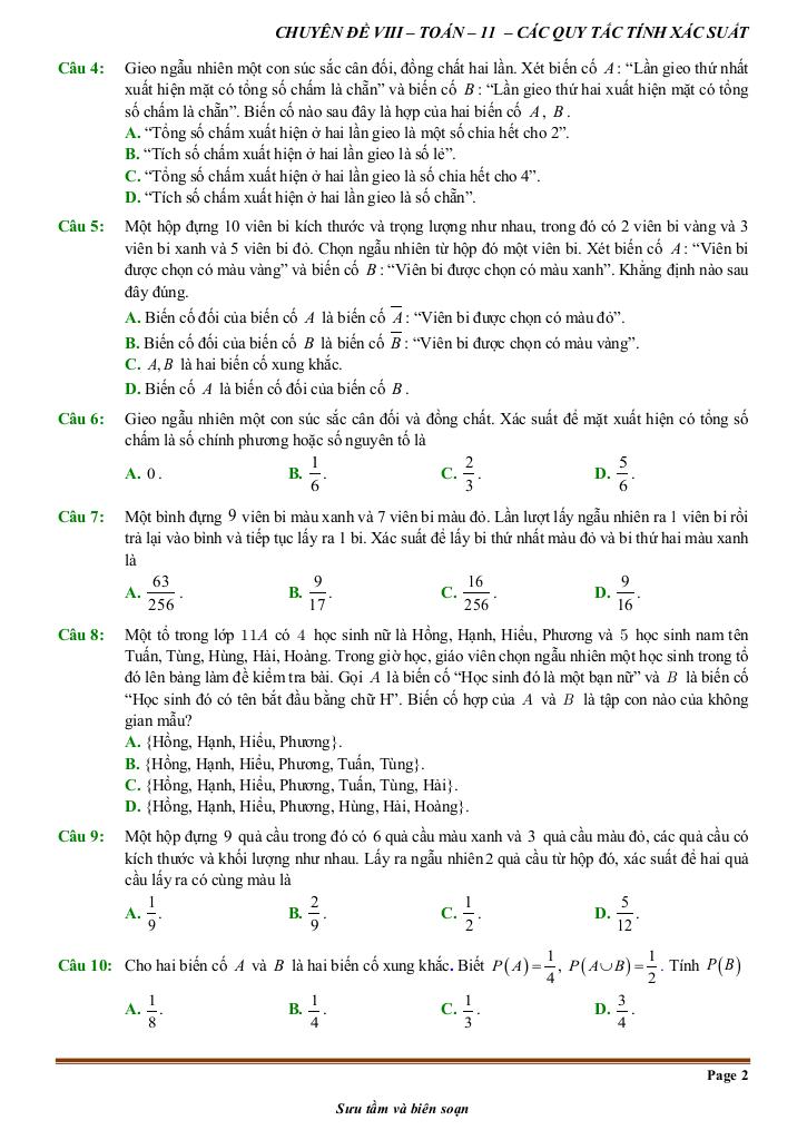 đề kiểm tra theo bài học chủ đề các quy tắc tính xác suất 1