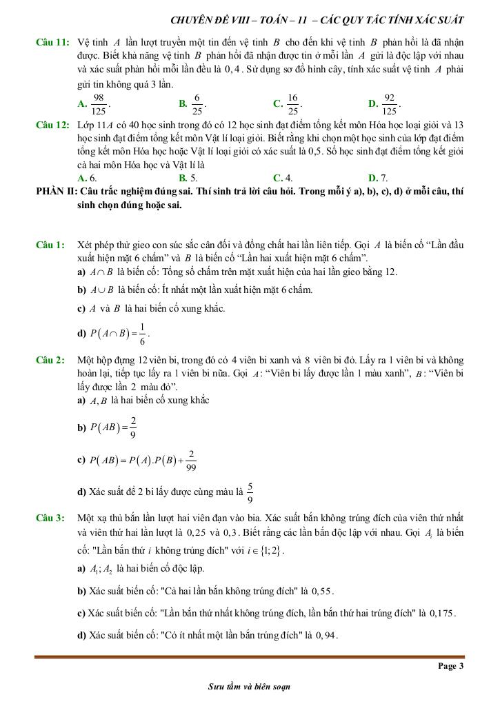 đề kiểm tra theo bài học chủ đề các quy tắc tính xác suất 2