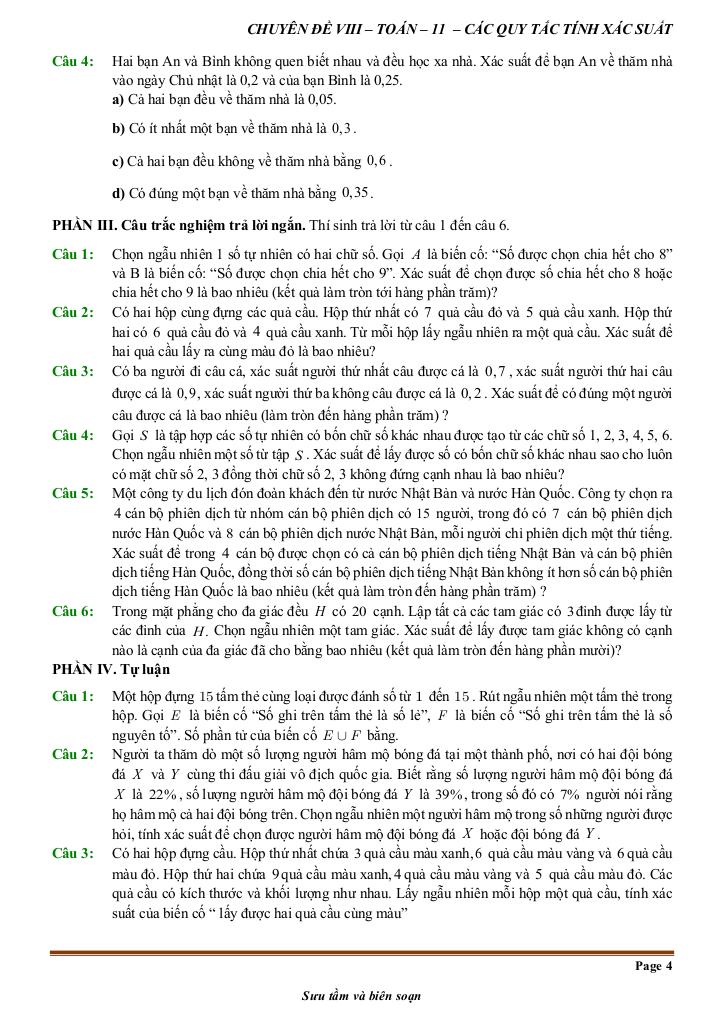 đề kiểm tra theo bài học chủ đề các quy tắc tính xác suất 3