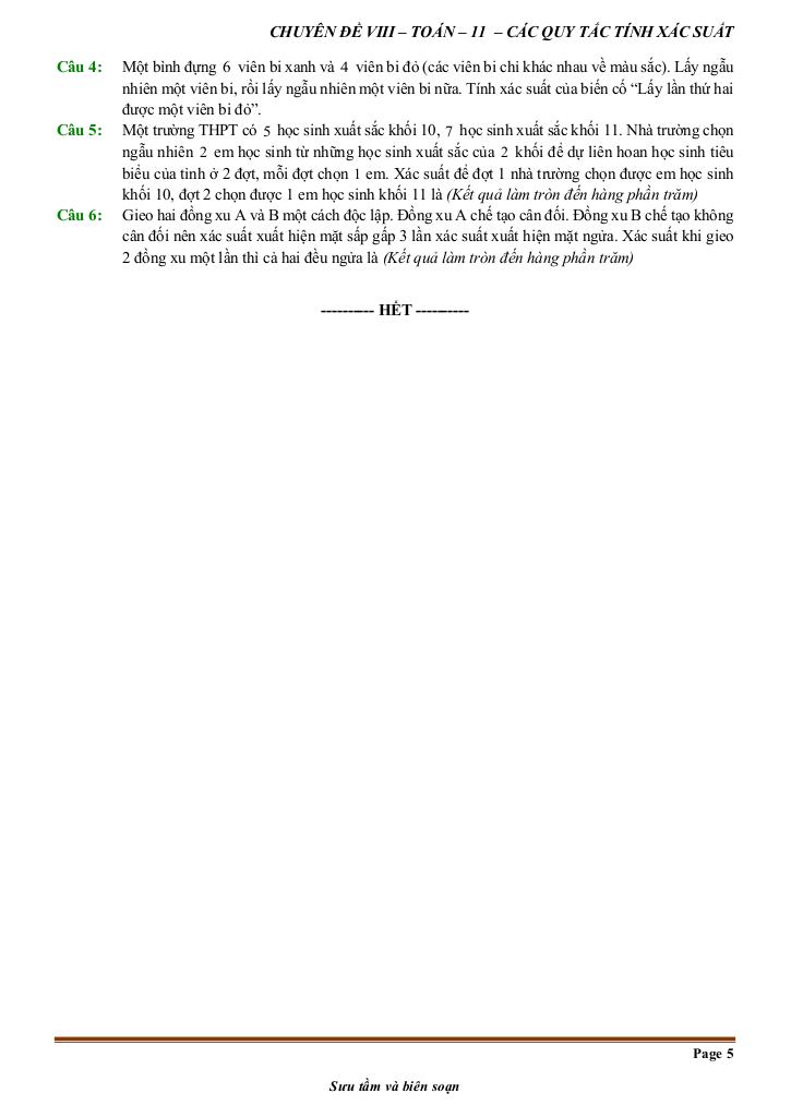 đề kiểm tra theo bài học chủ đề các quy tắc tính xác suất 4