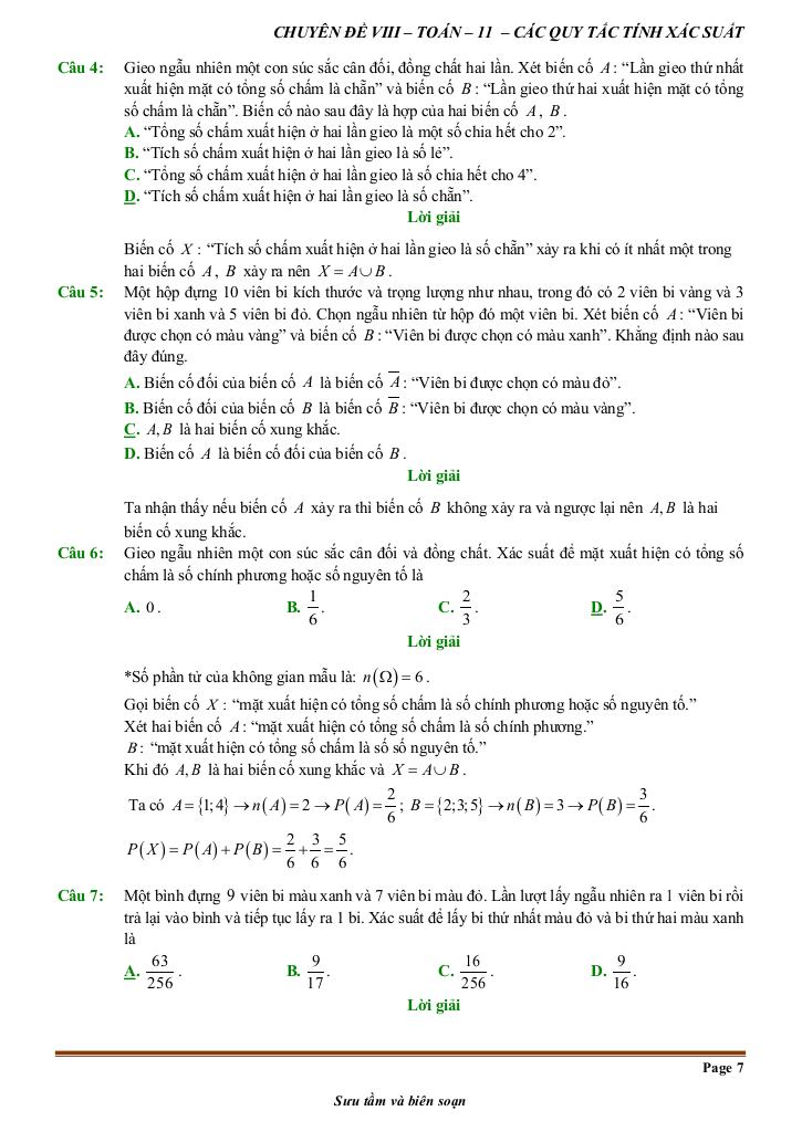 đề kiểm tra theo bài học chủ đề các quy tắc tính xác suất 6