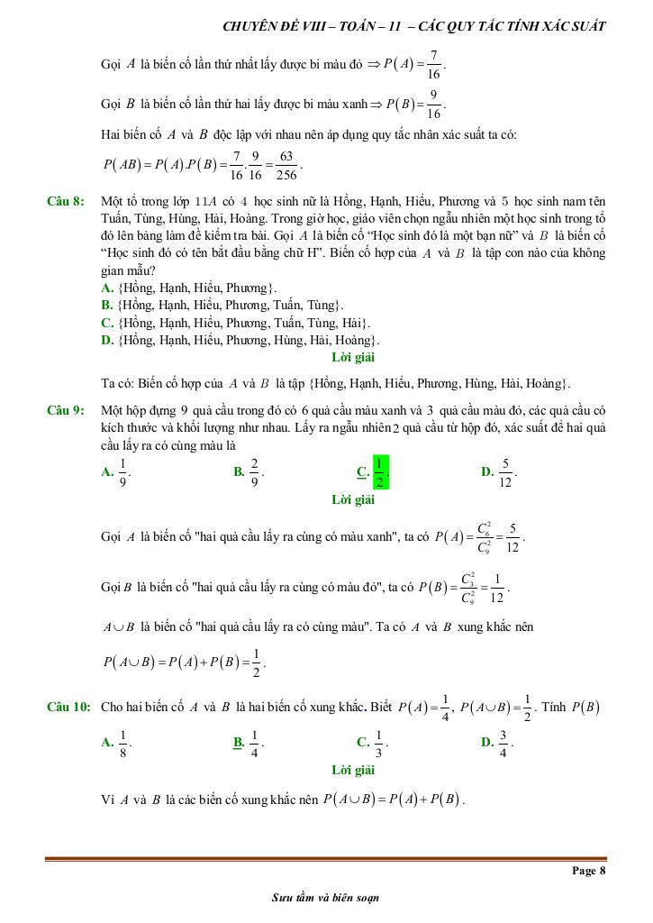 đề kiểm tra theo bài học chủ đề các quy tắc tính xác suất 7