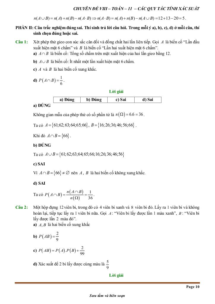 đề kiểm tra theo bài học chủ đề các quy tắc tính xác suất 9