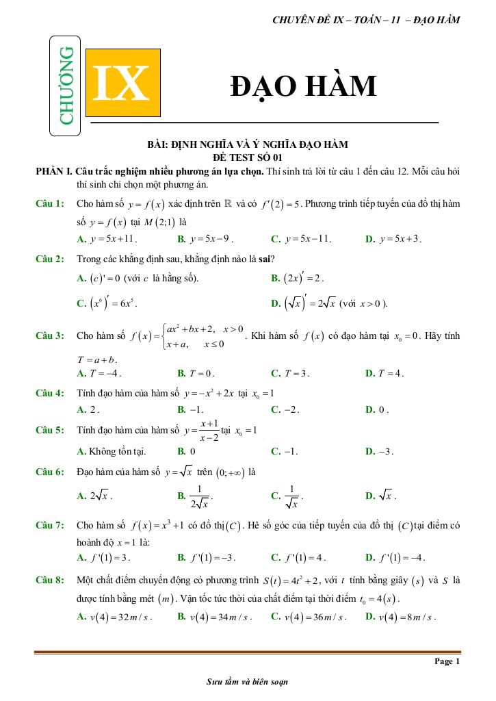 đề kiểm tra theo bài học chủ đề đạo hàm 0