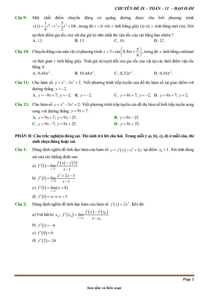 đề kiểm tra theo bài học chủ đề đạo hàm 1