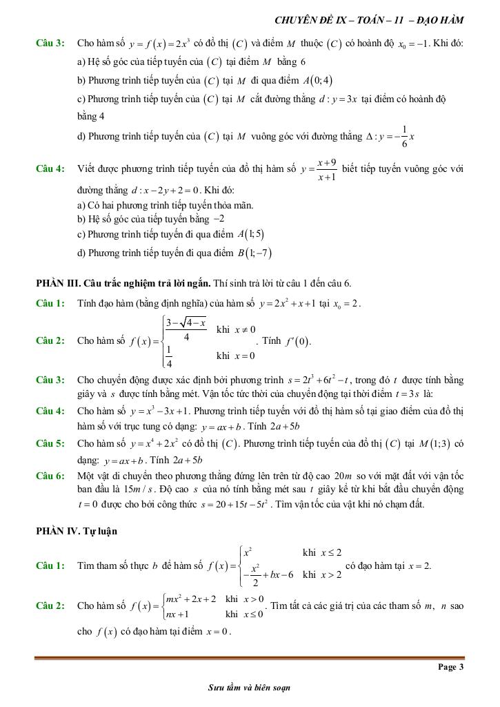 đề kiểm tra theo bài học chủ đề đạo hàm 2